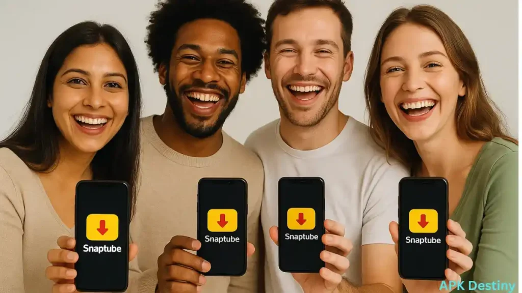Four happy friends enjoying videos together using Snaptube APK Latest Version without ads in 2025.