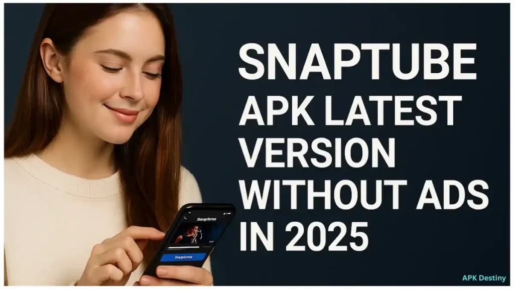 Young woman happily downloading videos on Snaptube APK latest version without ads, 2025 edition.