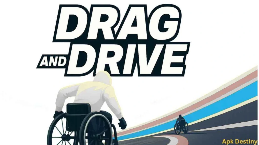 Drag and Drive wheelchair racing game poster with two racers on a colorful track