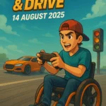 Cartoon-style illustration of a focused gamer controlling a futuristic orange sports car in the racing game Drag & Drive, with a vibrant track background and release date 14 August 2025.