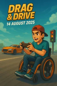 Cartoon-style illustration of a focused gamer controlling a futuristic orange sports car in the racing game Drag & Drive, with a vibrant track background and release date 14 August 2025.