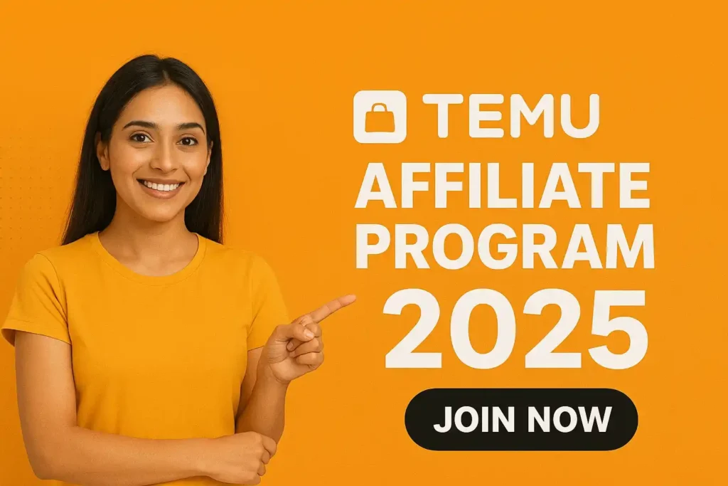 Smiling woman pointing at Temu Affiliate Program 2025 join now banner.