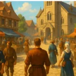 Noble Legacy 2025 Medieval City Building – vibrant marketplace with townsfolk and stone cathedral.