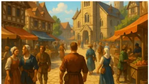 Noble Legacy 2025 Medieval City Building – vibrant marketplace with townsfolk and stone cathedral.
