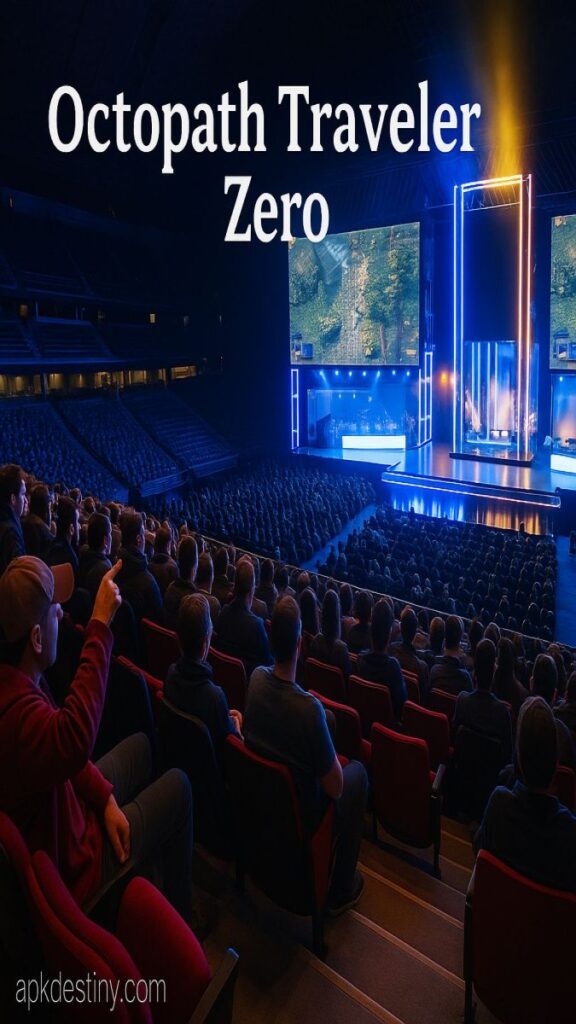 Audience watching Octopath Traveler 0 gameplay showcase in a packed gaming arena 