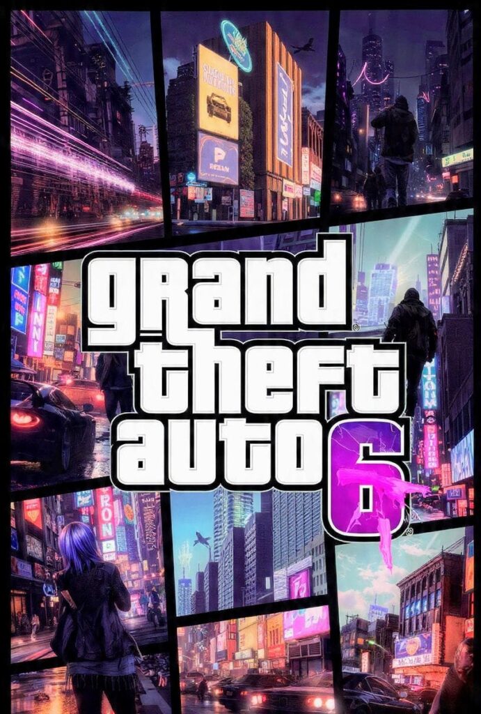 will GTA 6 be available on pc? promotional artwork displayed on a laptop screen showing neon city streets and the official GTA 6 logo