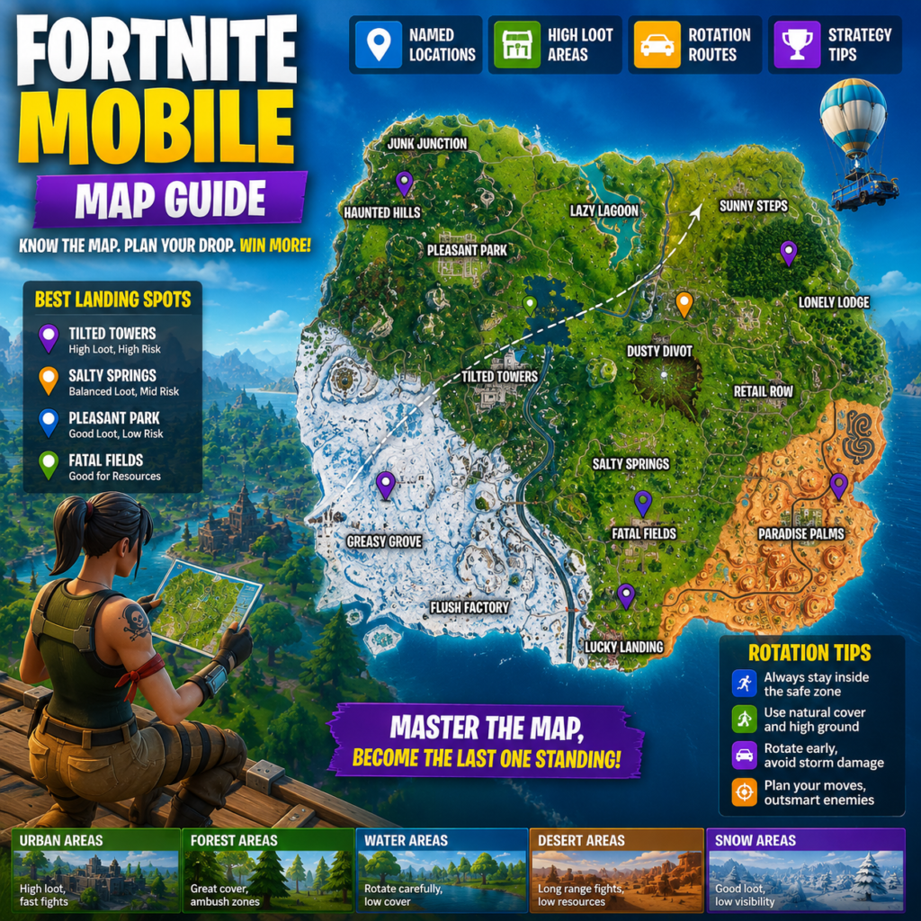 aimbot for Fortnite mobile will guide map with best landing spots know the map,plan your drop, win more